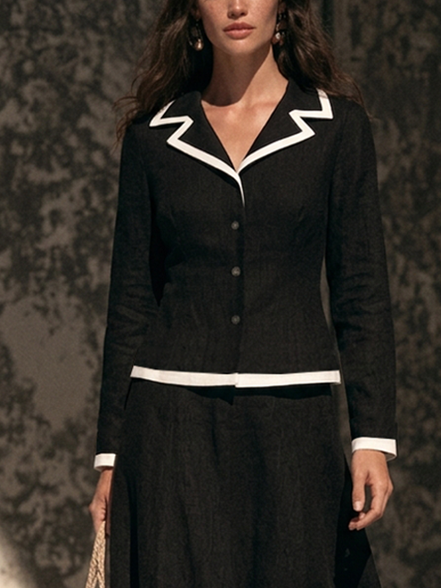 Women's Color-Contrast Trim Lapel Top & Skirt Set MDZ0461H9ZRK