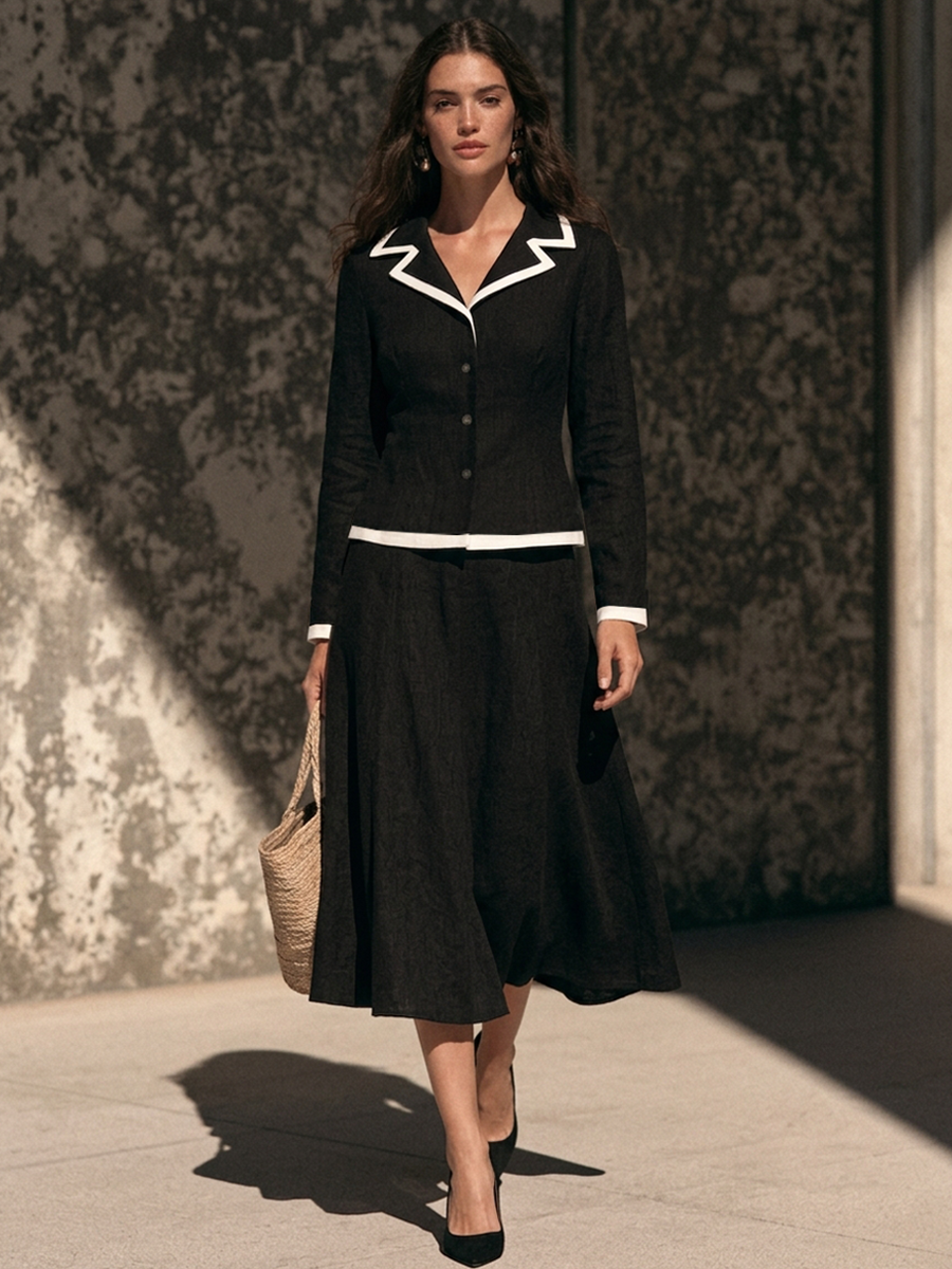 Women's Color-Contrast Trim Lapel Top & Skirt Set MDZ0461H9ZRK