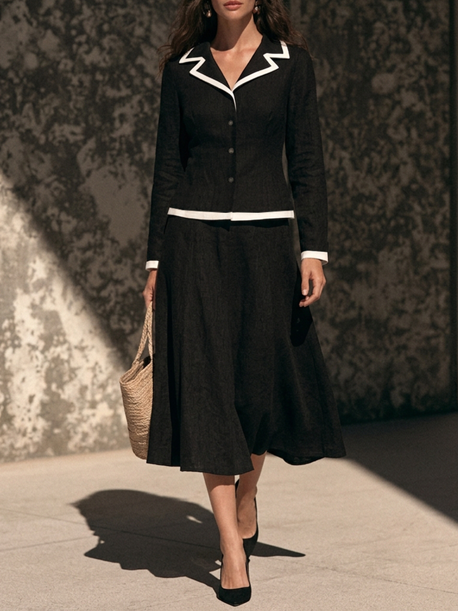 Women's Color-Contrast Trim Lapel Top & Skirt Set MDZ0461H9ZRK