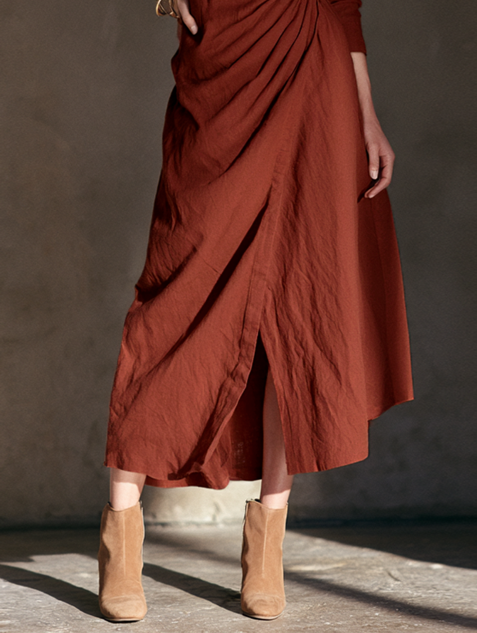 Women's Minimalist Collared Pleated Long-Sleeve Midi Dress MDZ0404H7WY