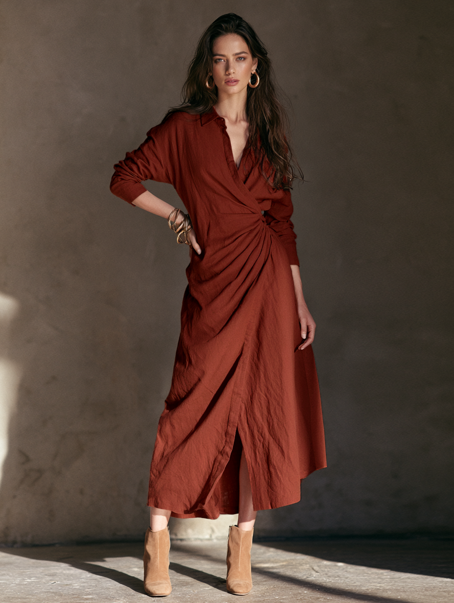 Women's Minimalist Collared Pleated Long-Sleeve Midi Dress MDZ0404H7WY
