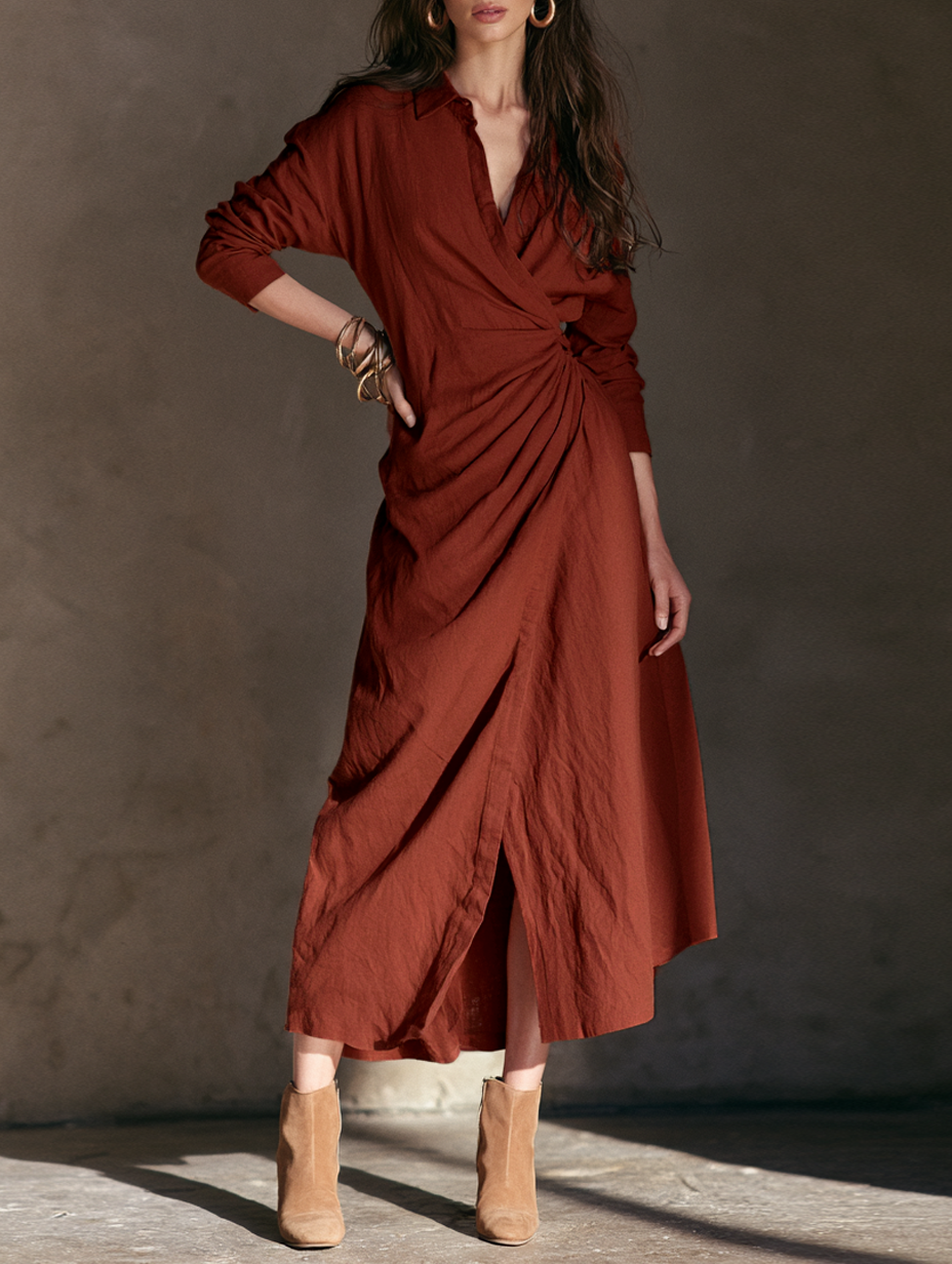 Women's Minimalist Collared Pleated Long-Sleeve Midi Dress MDZ0404H7WY
