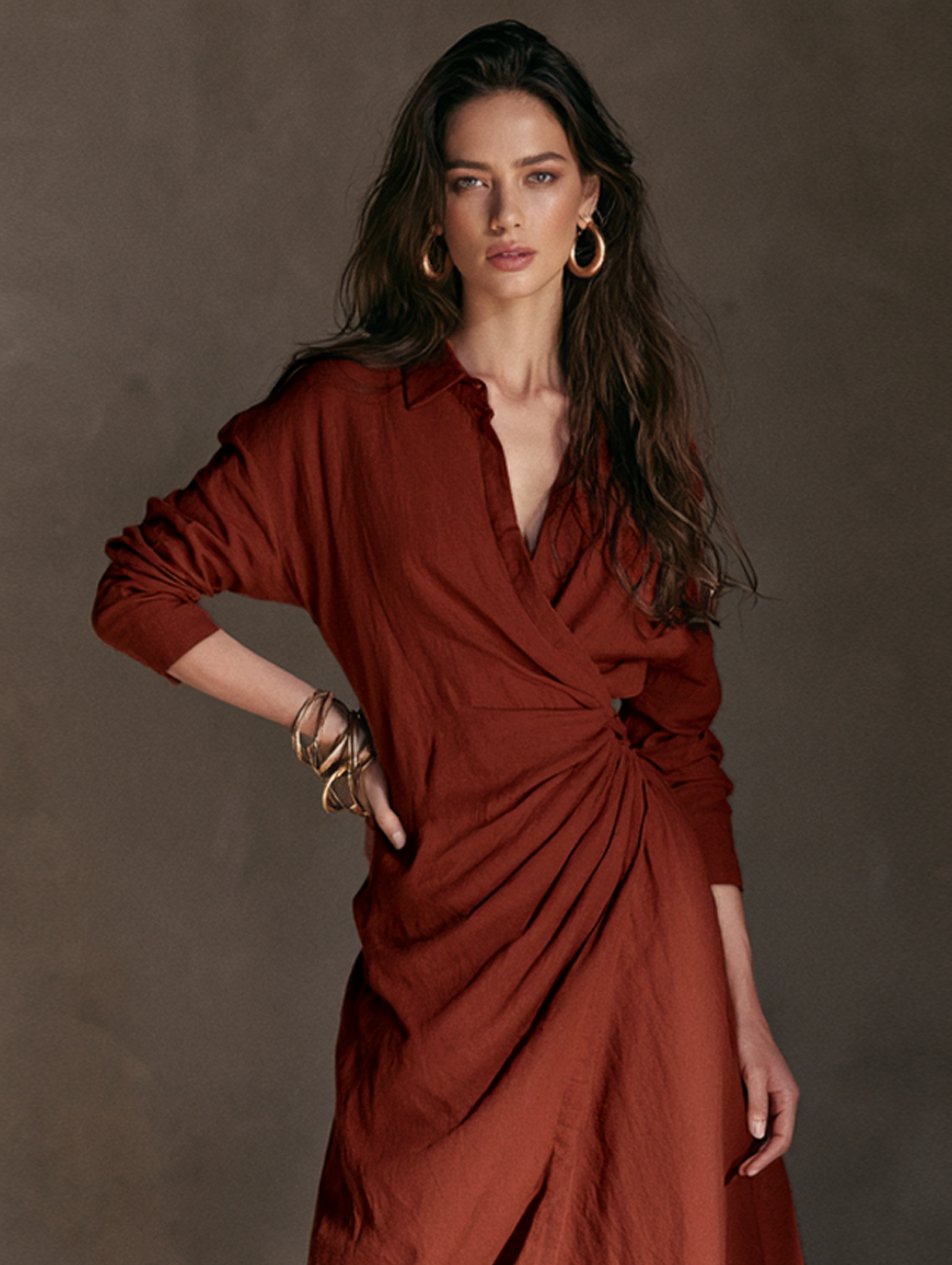 Women's Minimalist Collared Pleated Long-Sleeve Midi Dress MDZ0404H7WY