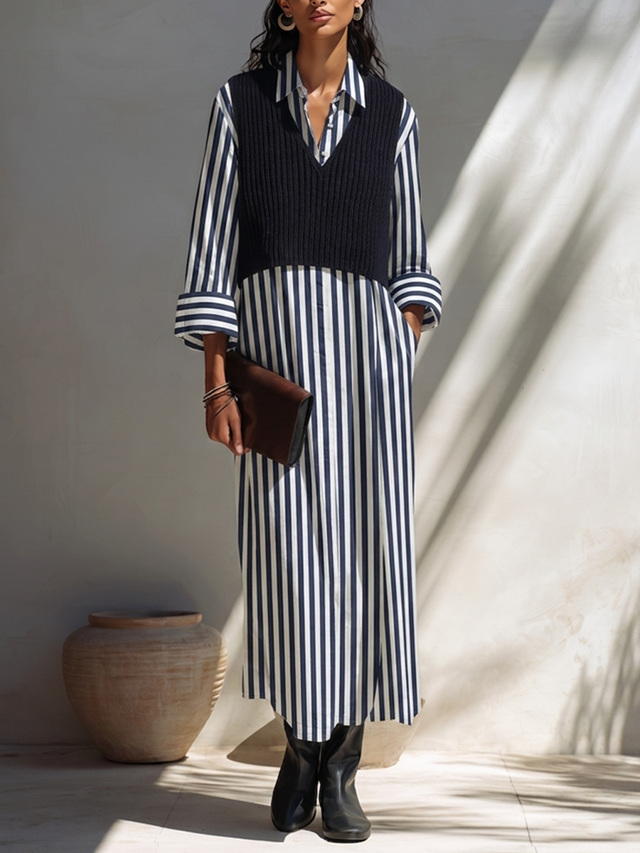 Women's Layered-Look V-Neck Knit Vest & Striped Dress Set MDZ0420H0ZRK