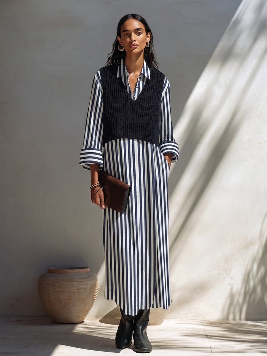 Women's Layered-Look V-Neck Knit Vest & Striped Dress Set MDZ0420H0ZRK
