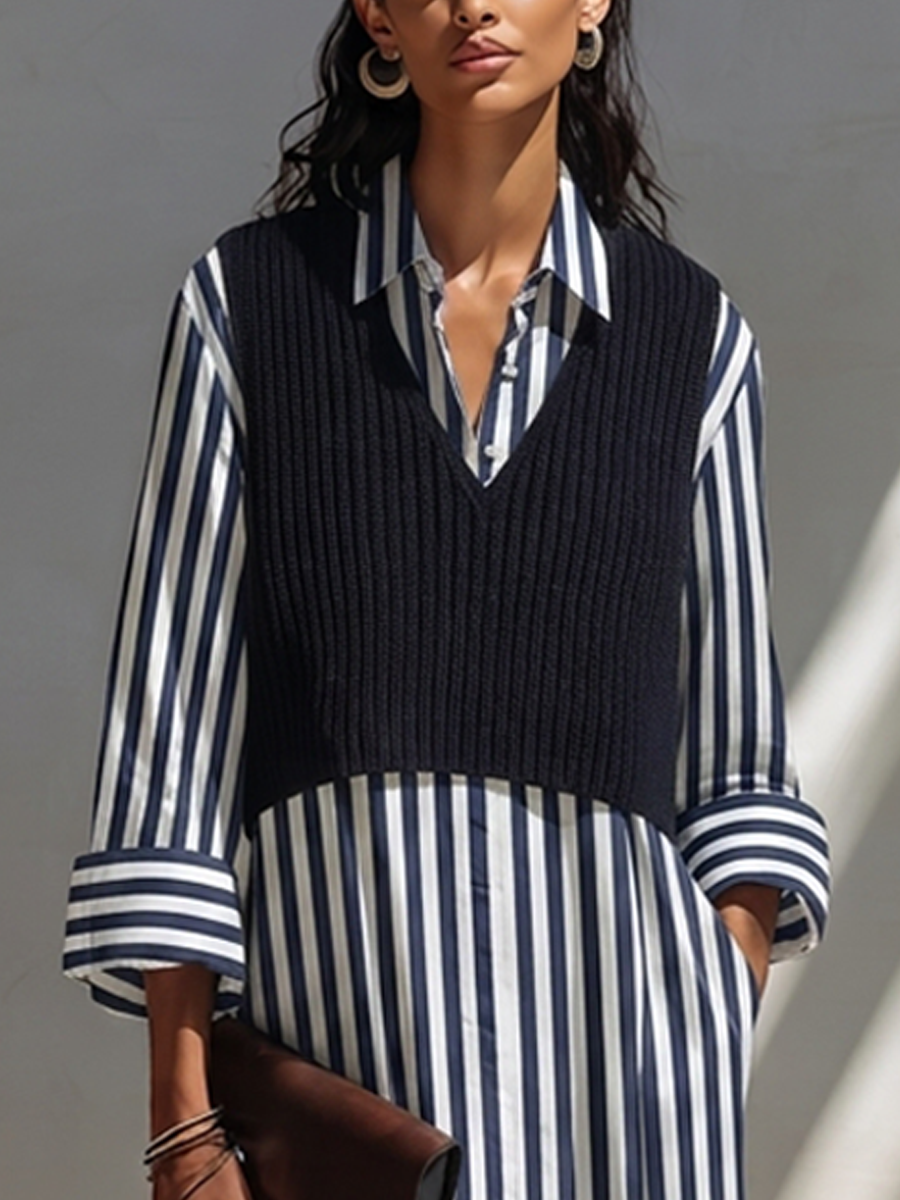 Women's Layered-Look V-Neck Knit Vest & Striped Dress Set MDZ0420H0ZRK