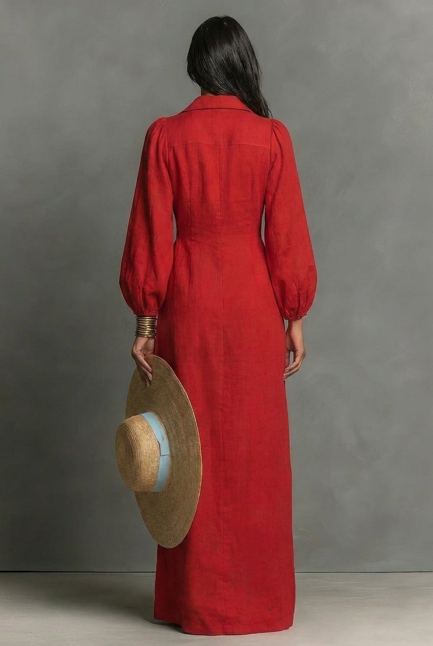 Women's Minimalist Single-breasted Long-sleeve Maxi Dress With A Fitted Waist MDZ0482H3WY