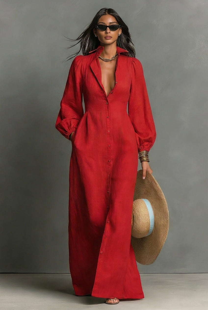 Women's Minimalist Single-breasted Long-sleeve Maxi Dress With A Fitted Waist MDZ0482H3WY