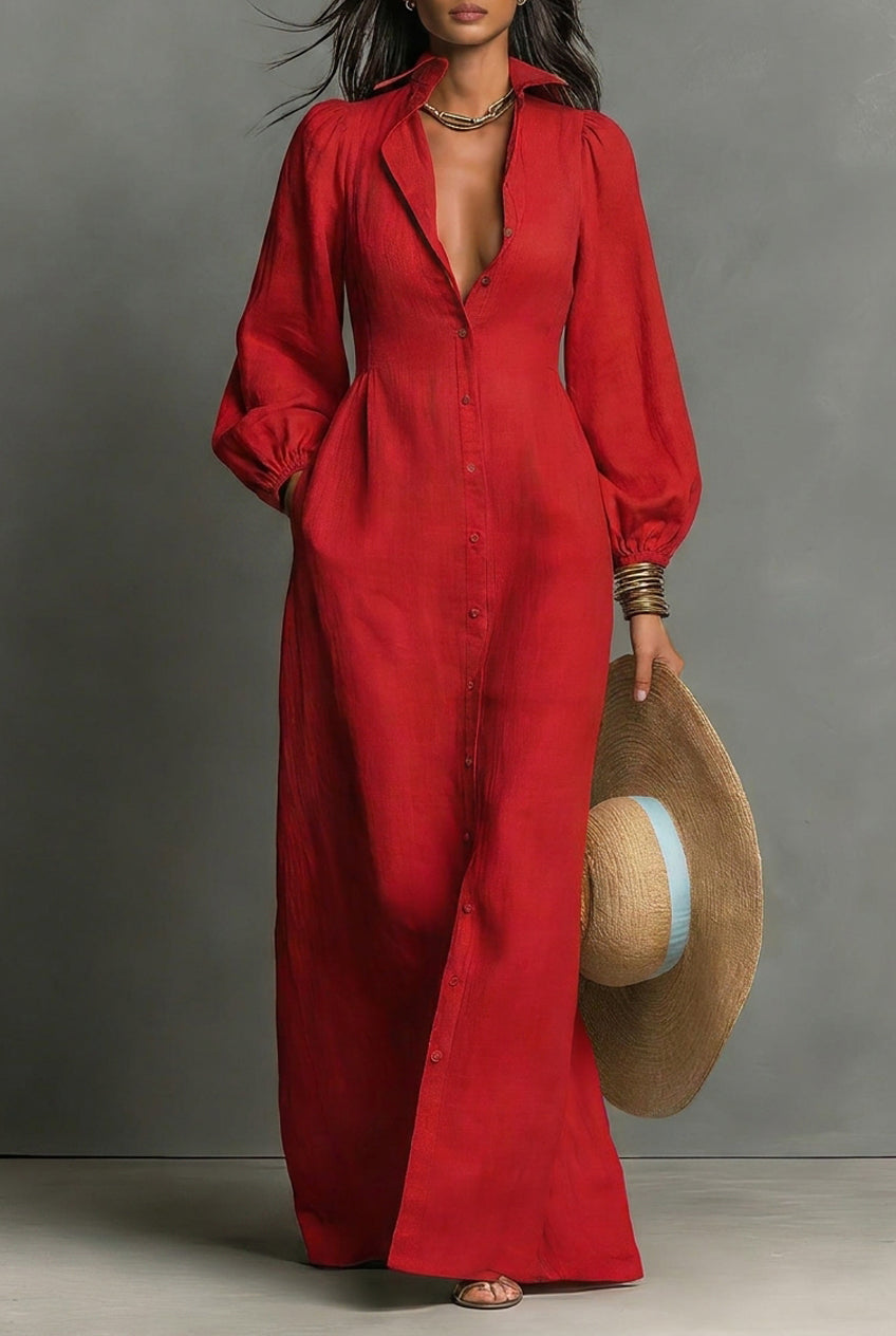Women's Minimalist Single-breasted Long-sleeve Maxi Dress With A Fitted Waist MDZ0482H3WY