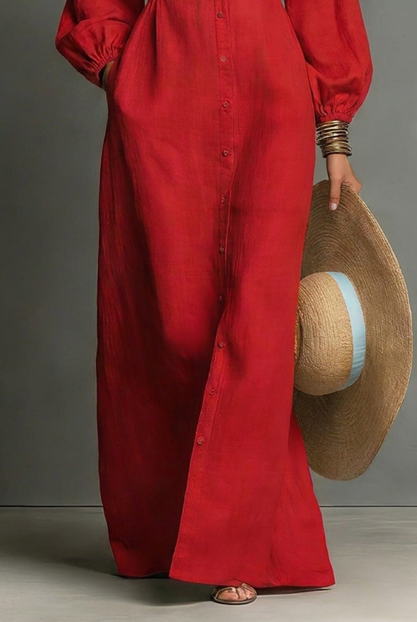 Women's Minimalist Single-breasted Long-sleeve Maxi Dress With A Fitted Waist MDZ0482H3WY