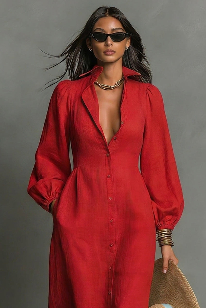 Women's Minimalist Single-breasted Long-sleeve Maxi Dress With A Fitted Waist MDZ0482H3WY
