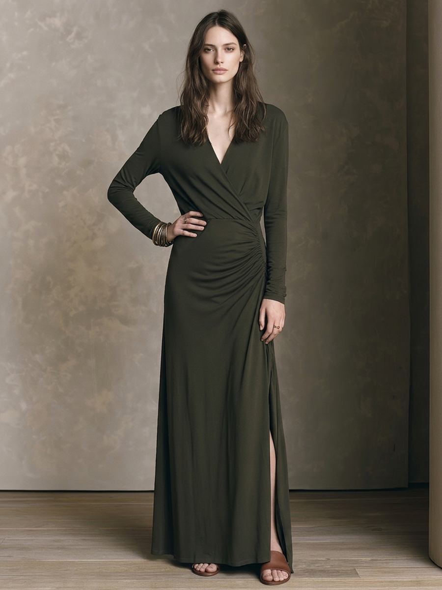 Women's Long-Sleeve V-Neck Knit Maxi Dress With Side-Ruched Slit MDZ0410H6ZRK
