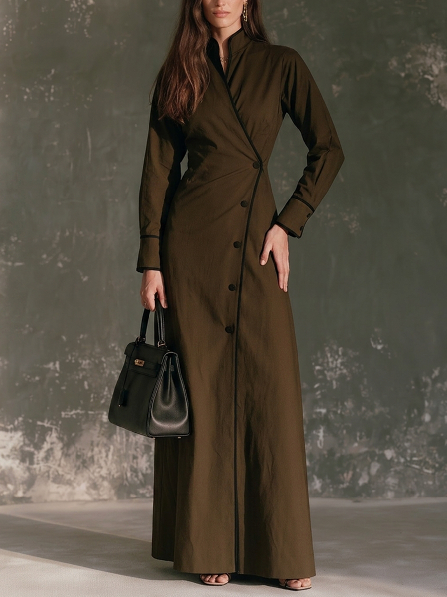 Women's Stand-Collar Wrap Maxi Dress With Contrast Piping MDZ0429H5ZRK