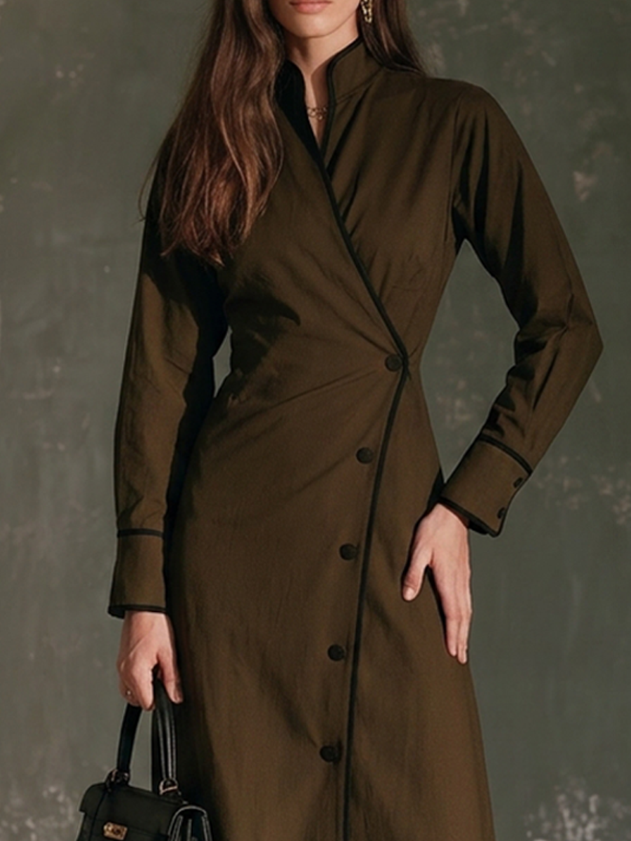 Women's Stand-Collar Wrap Maxi Dress With Contrast Piping MDZ0429H5ZRK