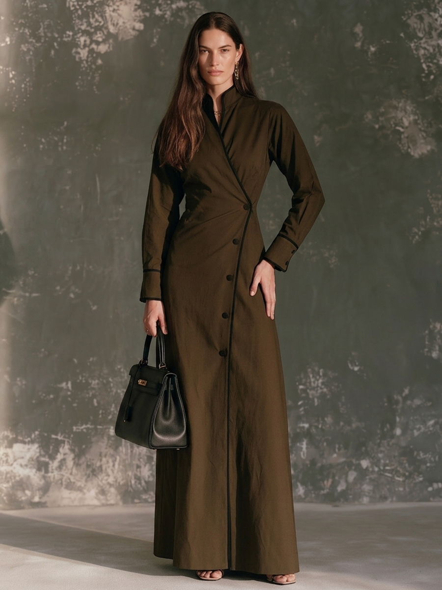 Women's Stand-Collar Wrap Maxi Dress With Contrast Piping MDZ0429H5ZRK