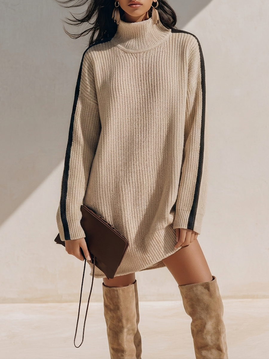 Women's Loose-Fit Mock-Neck Knit Mini Dress With Contrast Sleeve Stripes MDZ0432H7ZRK