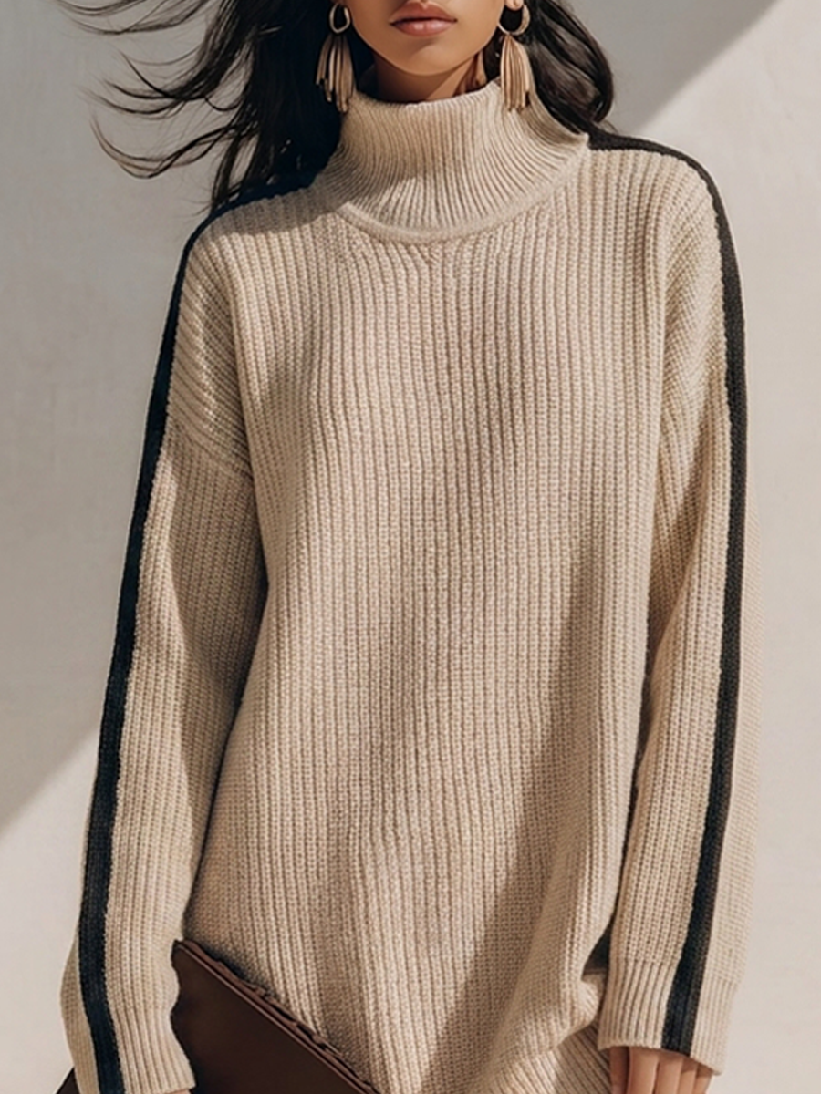 Women's Loose-Fit Mock-Neck Knit Mini Dress With Contrast Sleeve Stripes MDZ0432H7ZRK