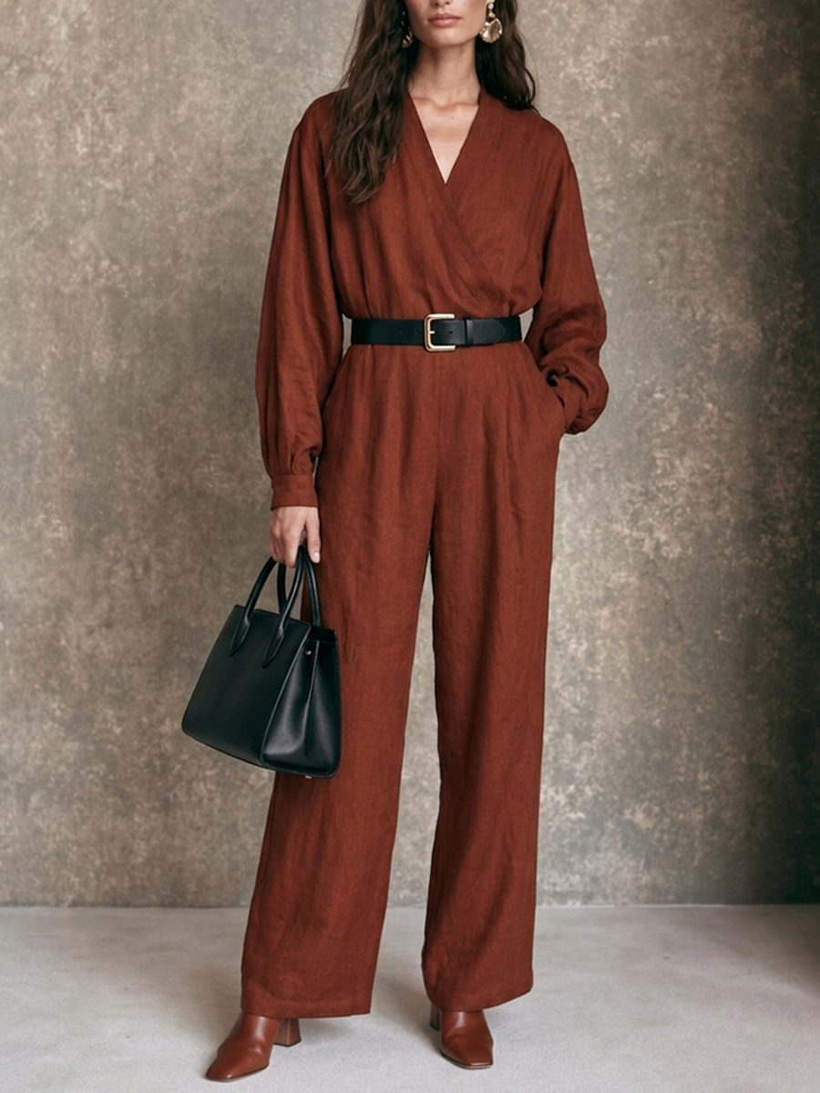 Women's V-Neck Long-Sleeve Wide-Leg Jumpsuit With Waist-Defining Fit MDZ0478H0ZRK