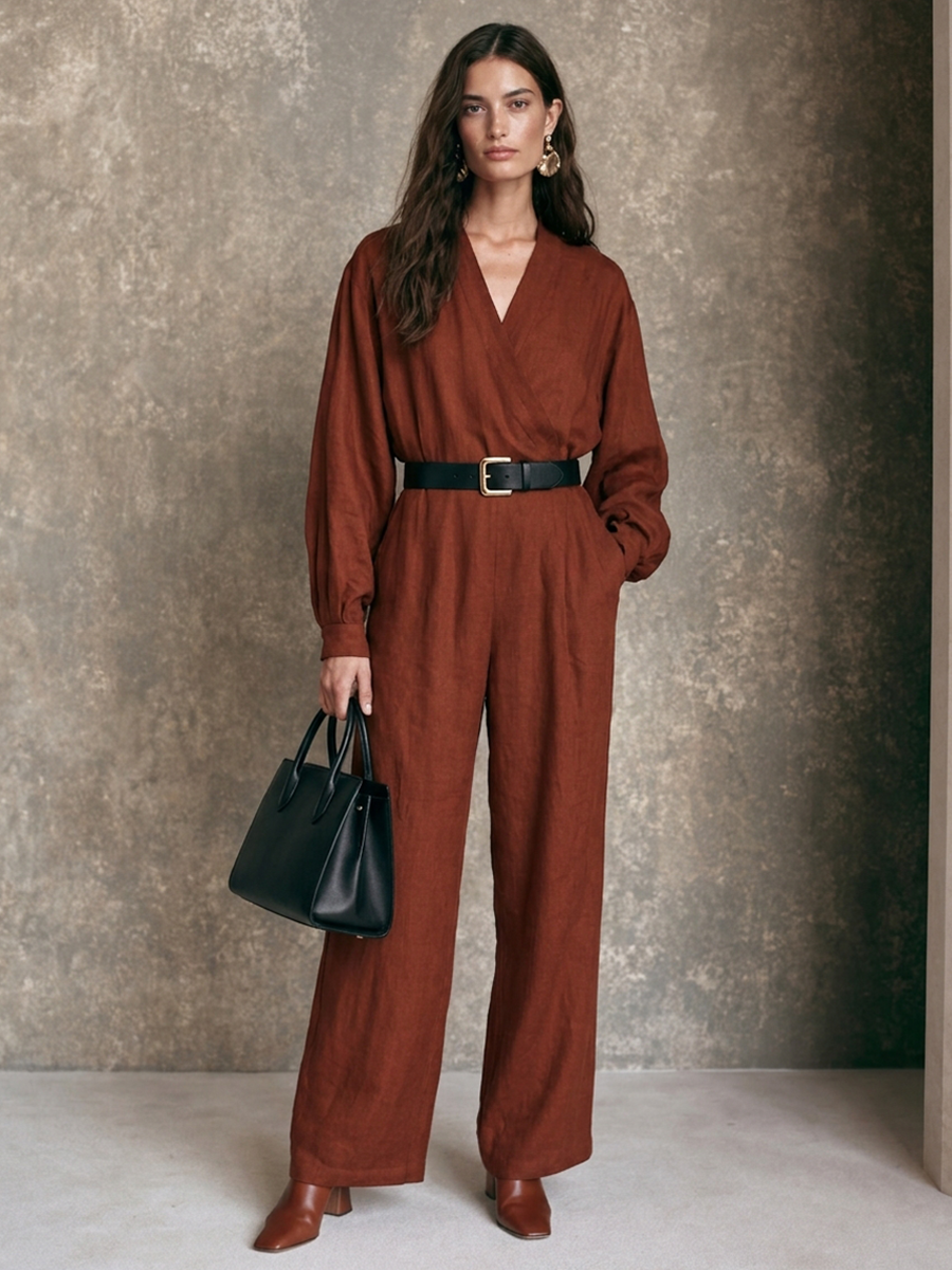Women's V-Neck Long-Sleeve Wide-Leg Jumpsuit With Waist-Defining Fit MDZ0478H0ZRK