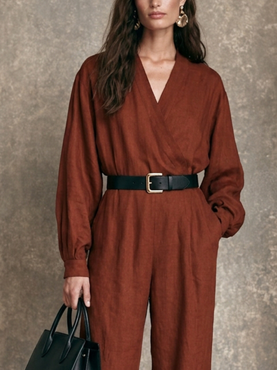 Women's V-Neck Long-Sleeve Wide-Leg Jumpsuit With Waist-Defining Fit MDZ0478H0ZRK