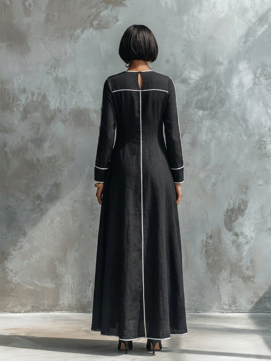 Women's Minimalist Long-sleeve Maxi Dress With White Trim MDZ0420H5WY