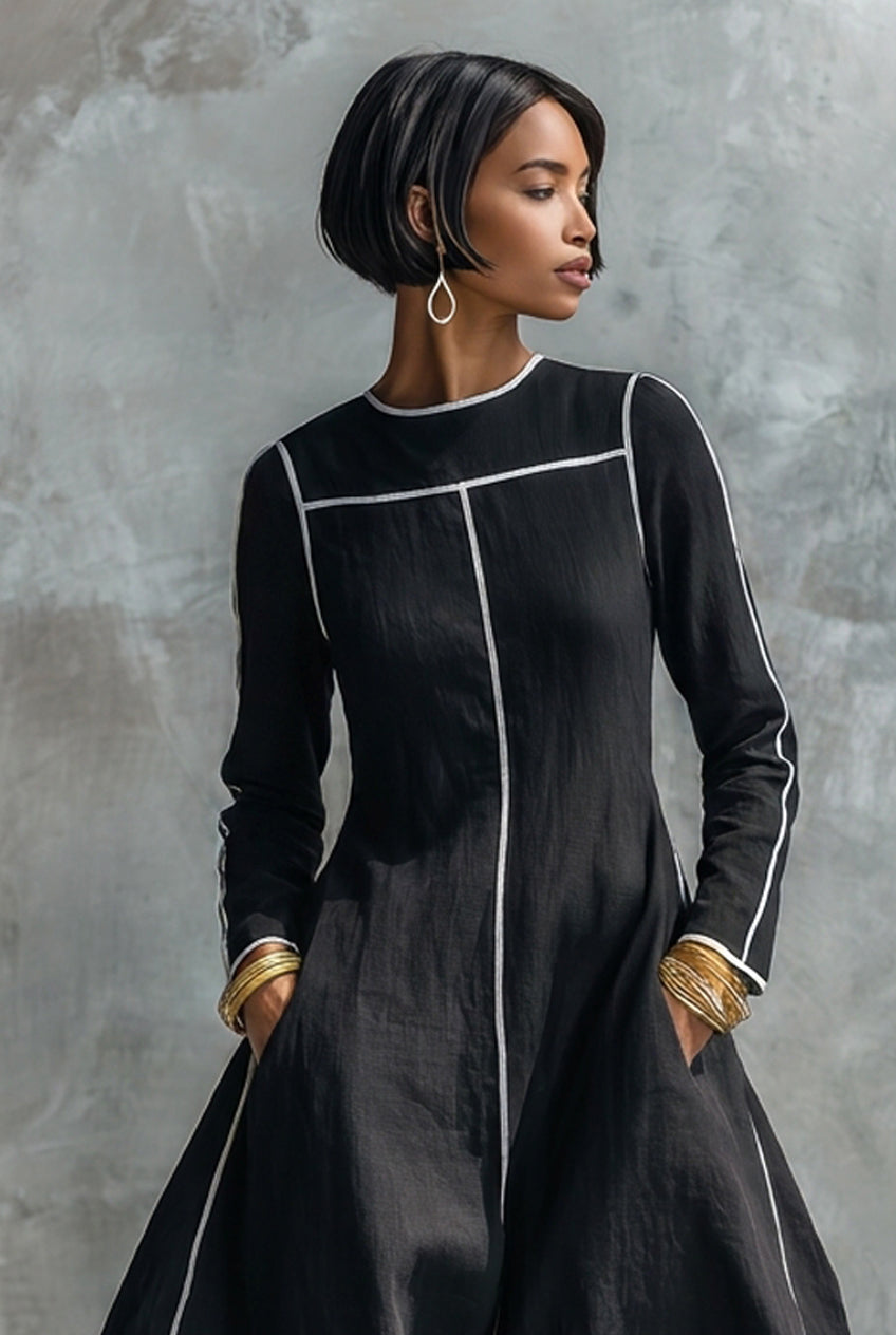 Women's Minimalist Long-sleeve Maxi Dress With White Trim MDZ0420H5WY