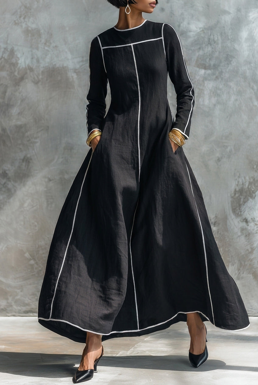 Women's Minimalist Long-sleeve Maxi Dress With White Trim MDZ0420H5WY
