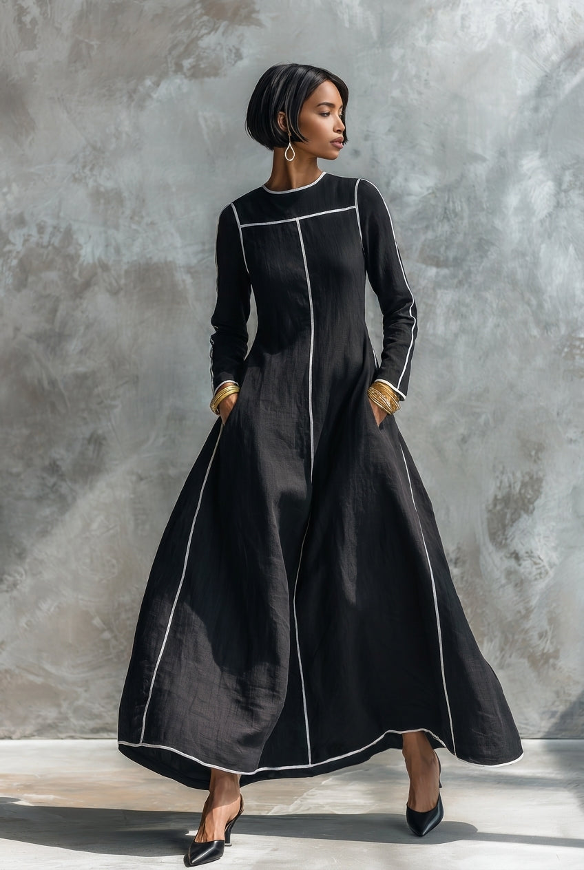 Women's Minimalist Long-sleeve Maxi Dress With White Trim MDZ0420H5WY