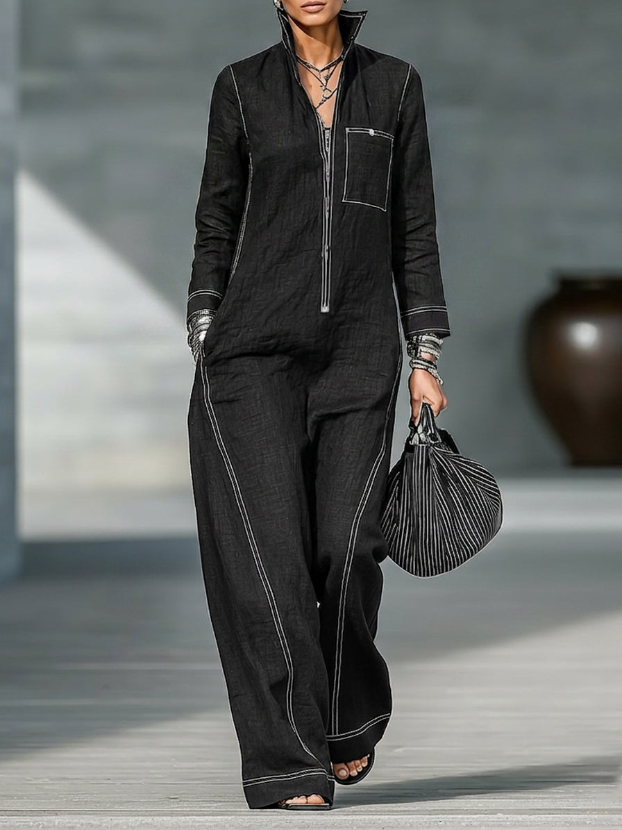 Women's Minimalist Long-Sleeve Jumpsuit With Zip-Up Stand Collar MDZ0458H8WY