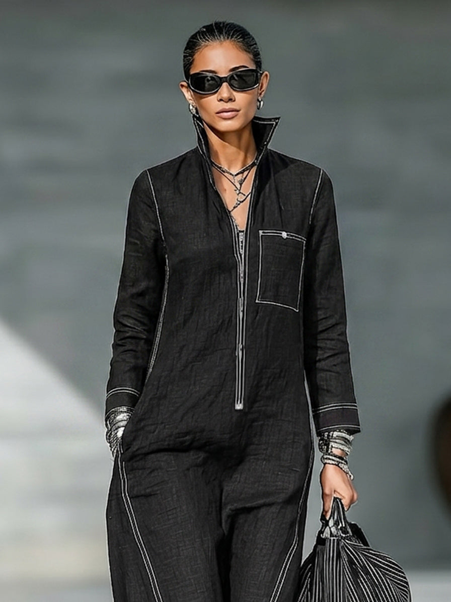 Women's Minimalist Long-Sleeve Jumpsuit With Zip-Up Stand Collar MDZ0458H8WY