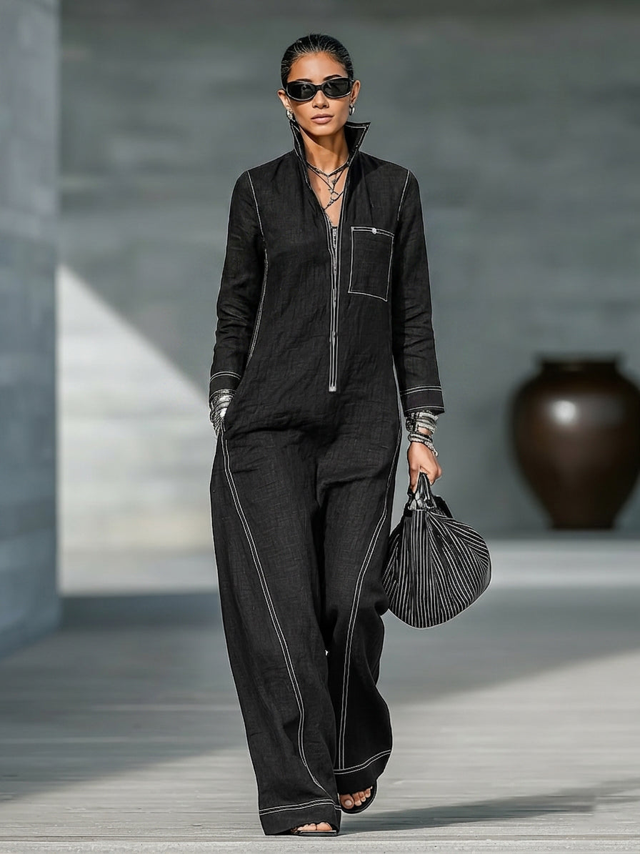 Women's Minimalist Long-Sleeve Jumpsuit With Zip-Up Stand Collar MDZ0458H8WY
