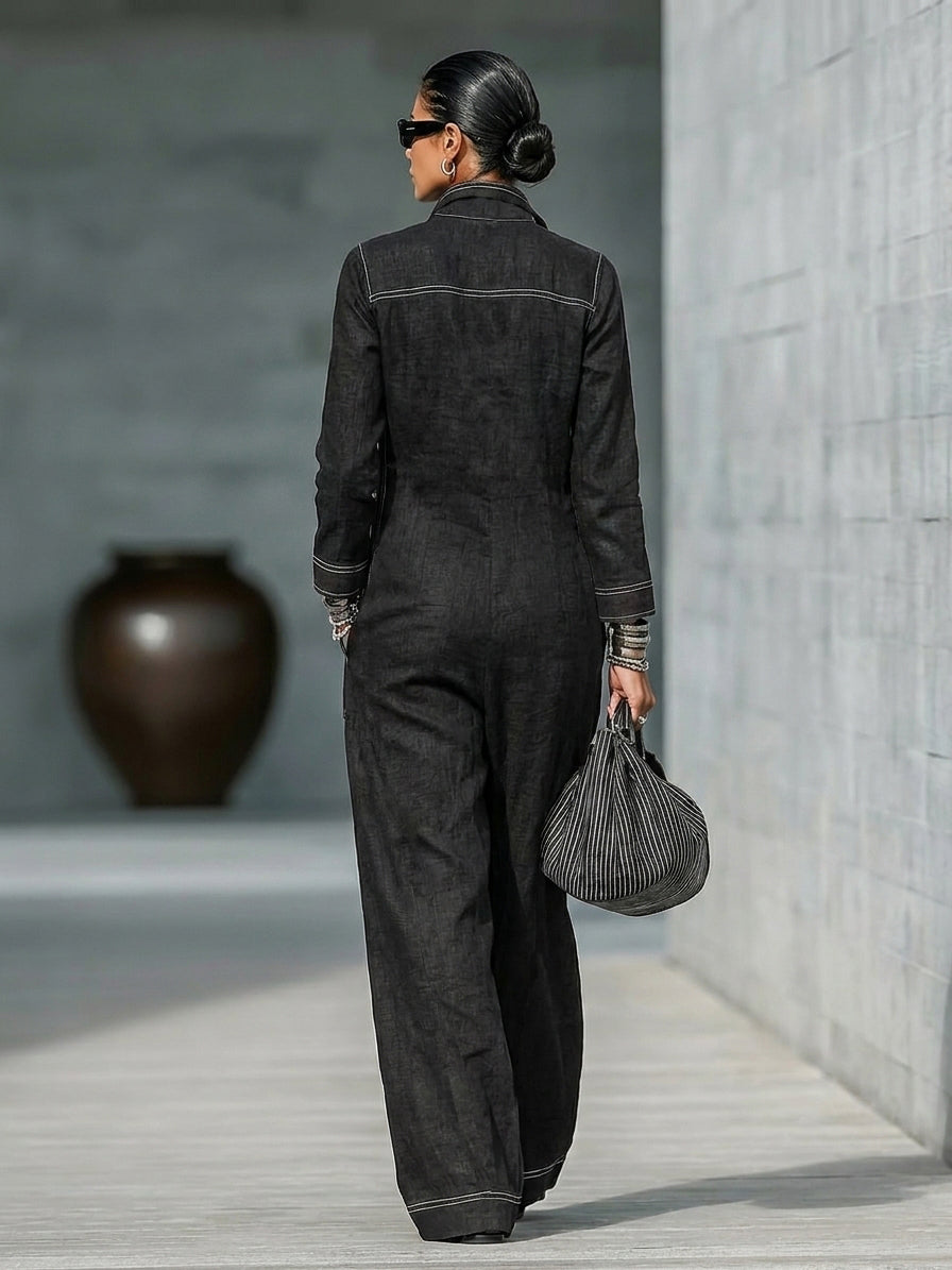 Women's Minimalist Long-Sleeve Jumpsuit With Zip-Up Stand Collar MDZ0458H8WY