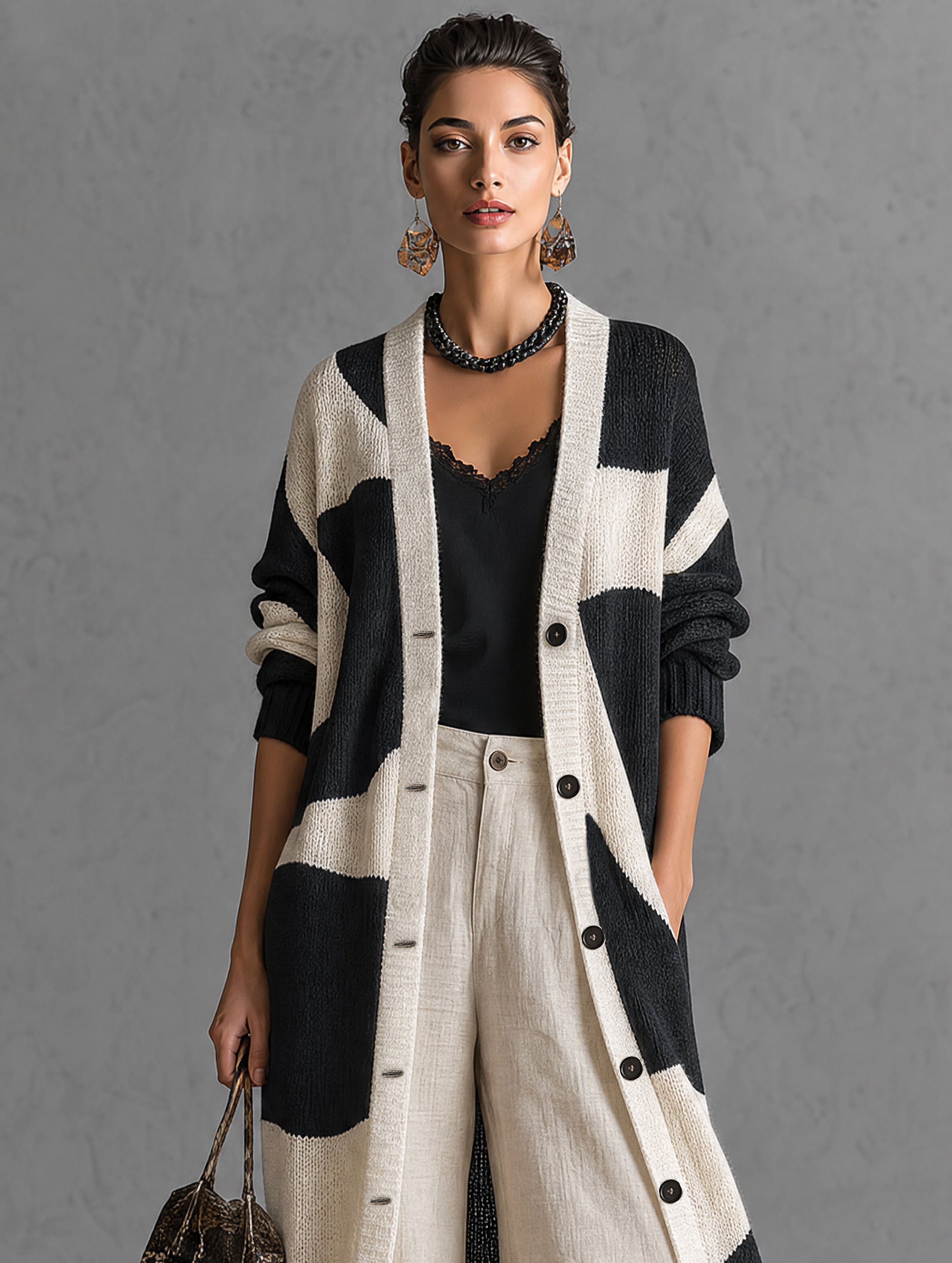 Women's Minimalist Color-Block Jacquard Single-Breasted Long Cardigan MDZ0422H8WY