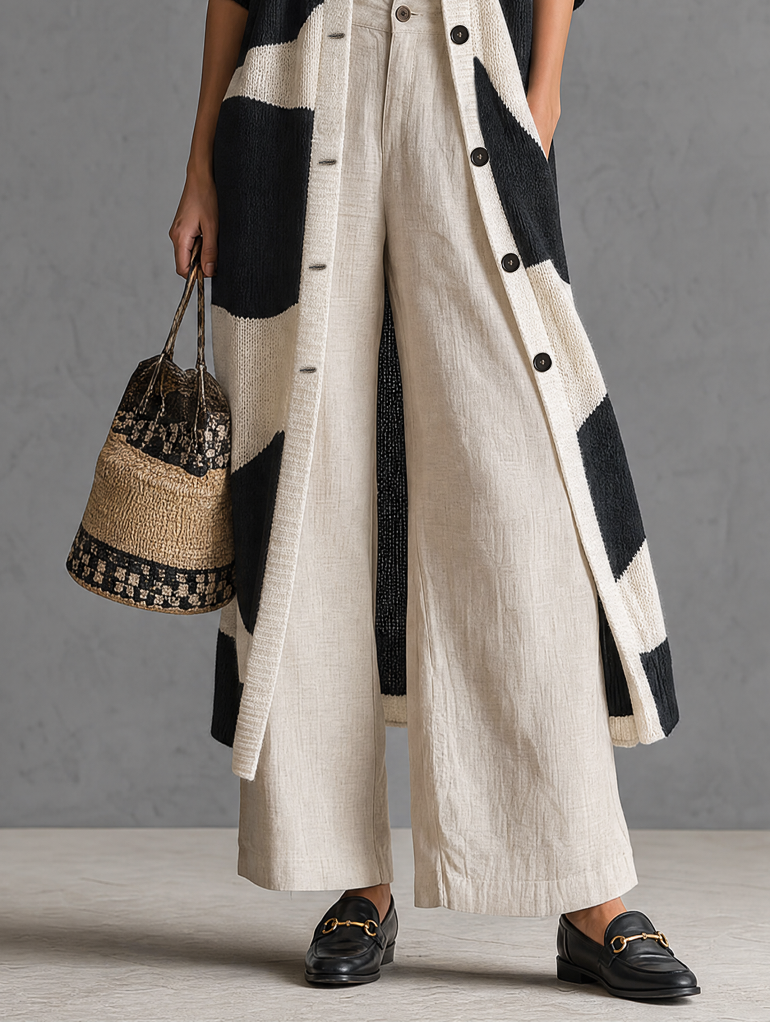 Women's Minimalist Color-Block Jacquard Single-Breasted Long Cardigan MDZ0422H8WY