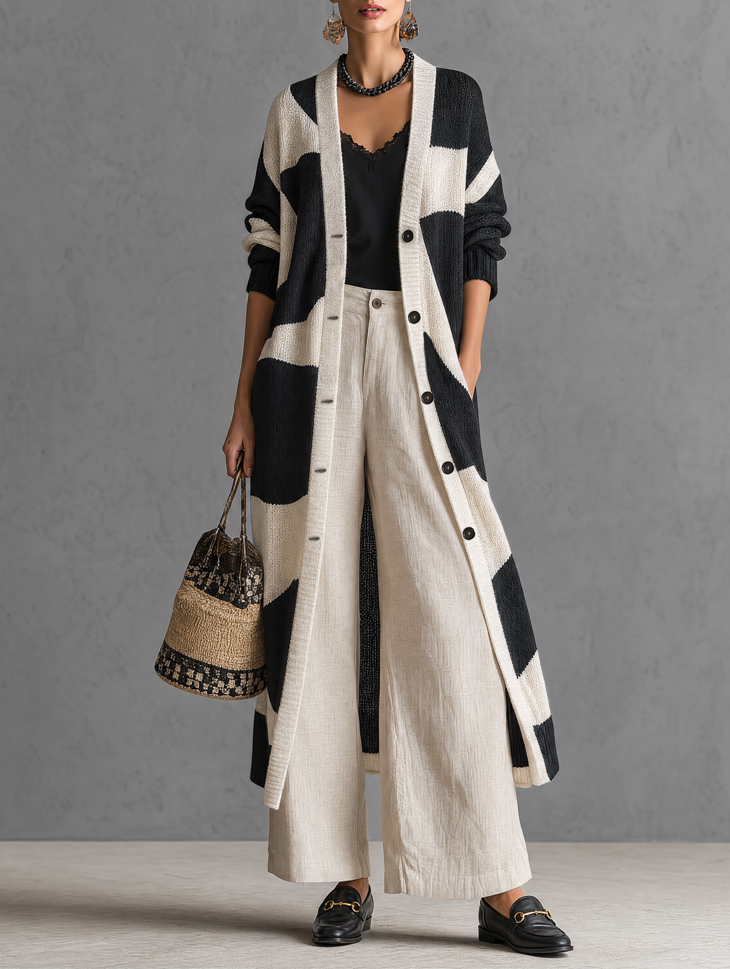 Women's Minimalist Color-Block Jacquard Single-Breasted Long Cardigan MDZ0422H8WY