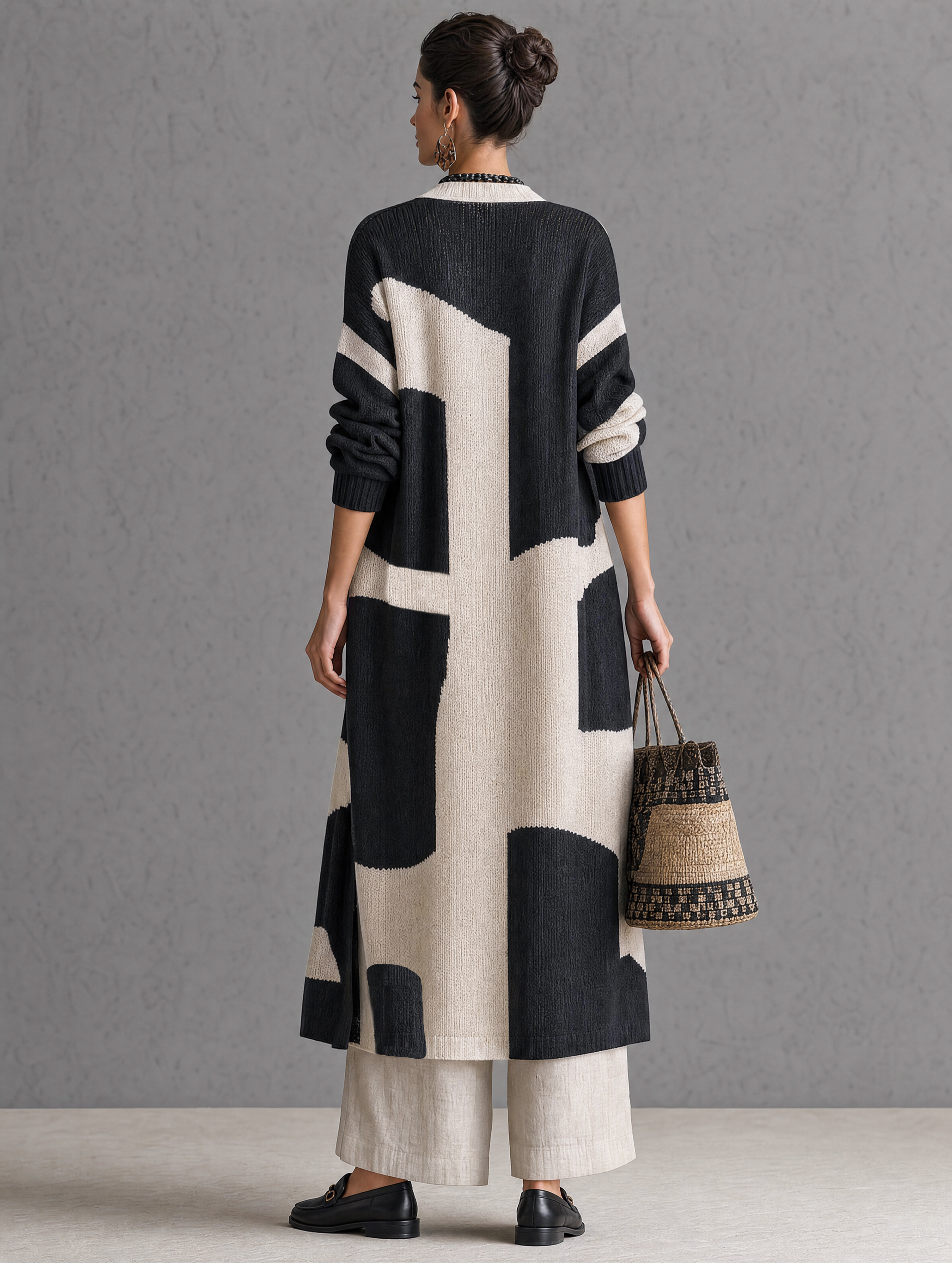 Women's Minimalist Color-Block Jacquard Single-Breasted Long Cardigan MDZ0422H8WY