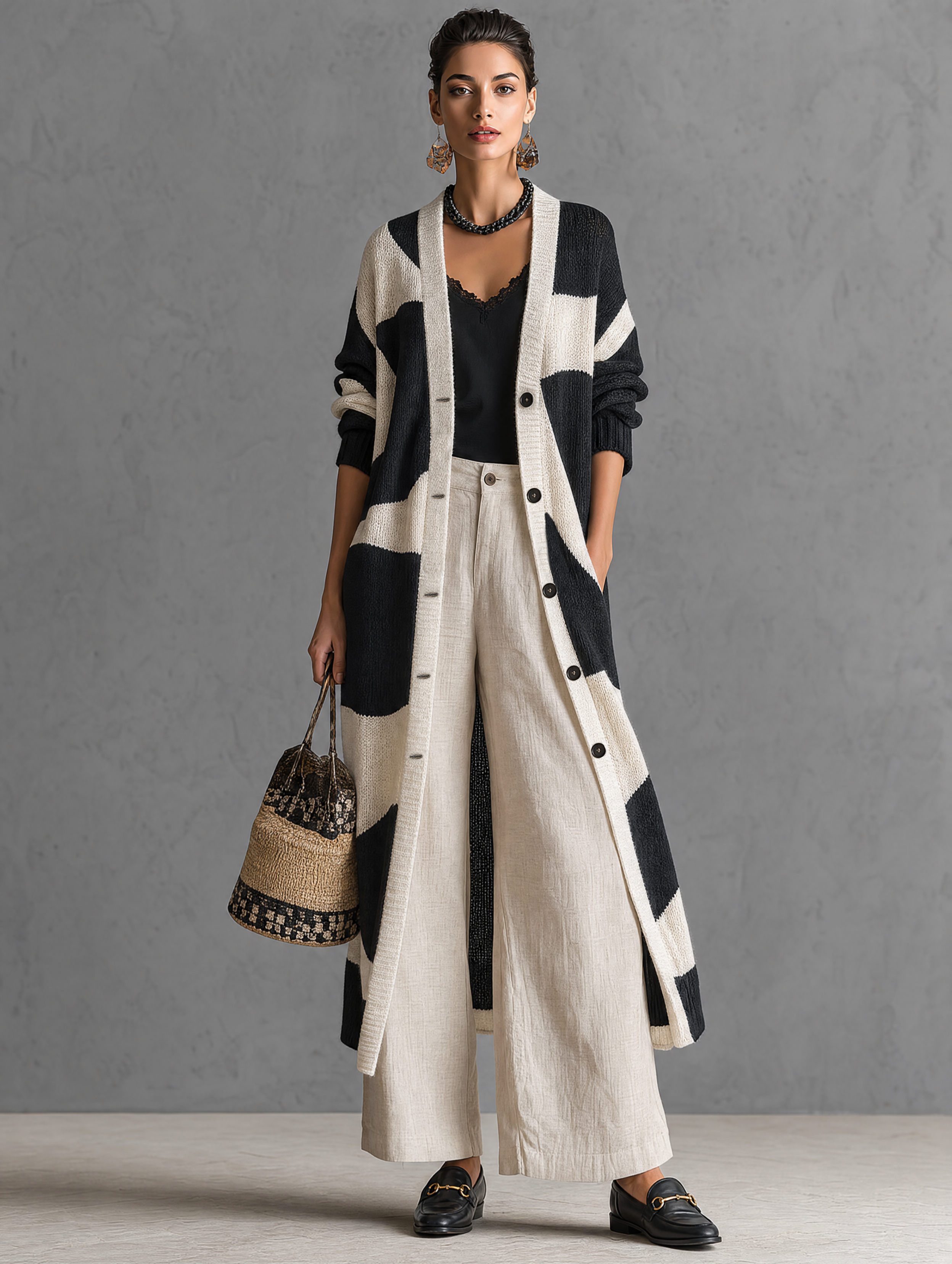 Women's Minimalist Color-Block Jacquard Single-Breasted Long Cardigan MDZ0422H8WY