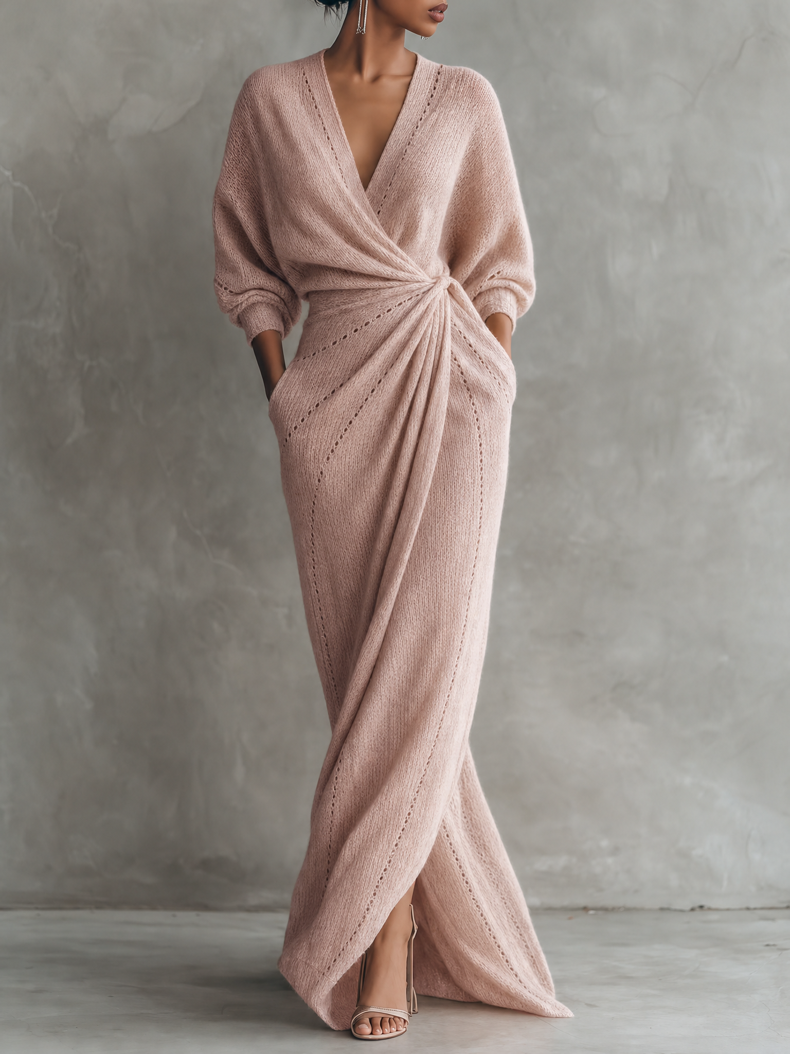 Women's Minimalist V-Neck Knitted Maxi Dress With Cinched Waist MDZ0433H2WY