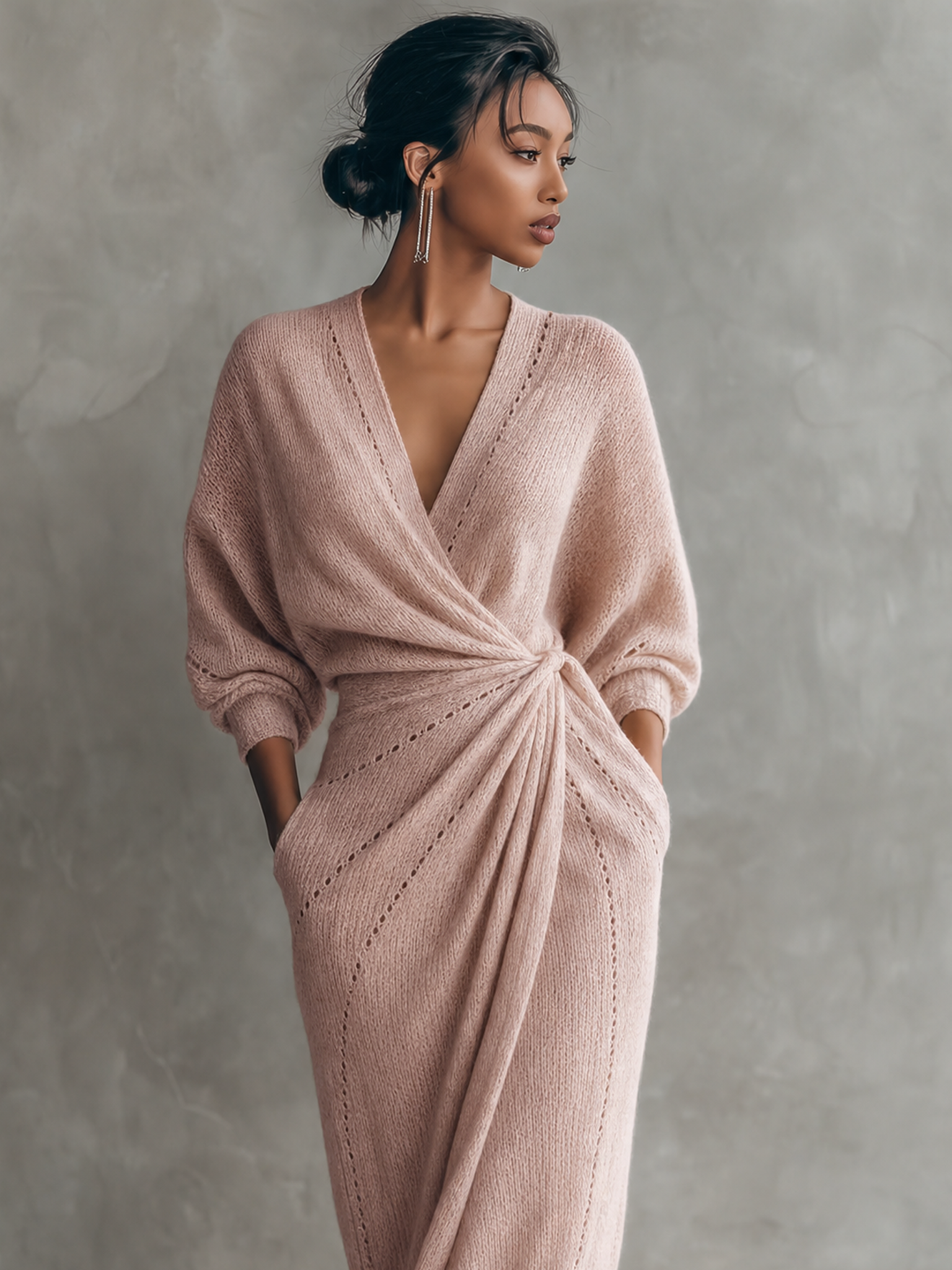 Women's Minimalist V-Neck Knitted Maxi Dress With Cinched Waist MDZ0433H2WY