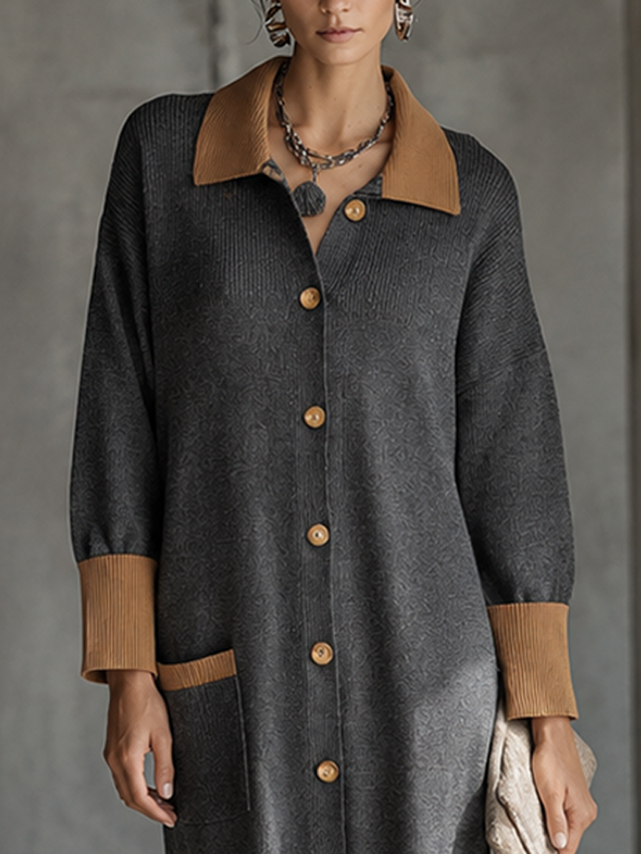 Women's Knit Contrast Collar Button-Front Long Dress MDZ0369H9GMJ
