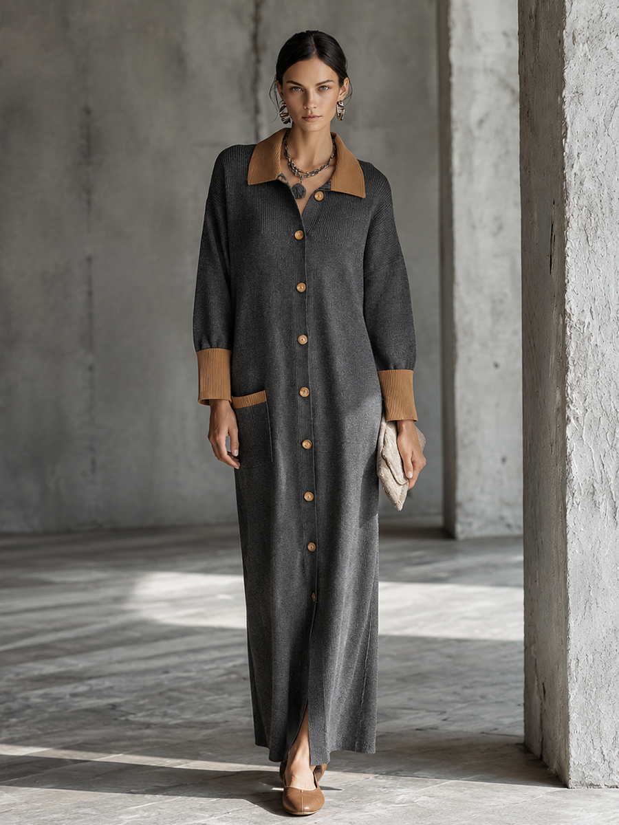 Women's Knit Contrast Collar Button-Front Long Dress MDZ0369H9GMJ