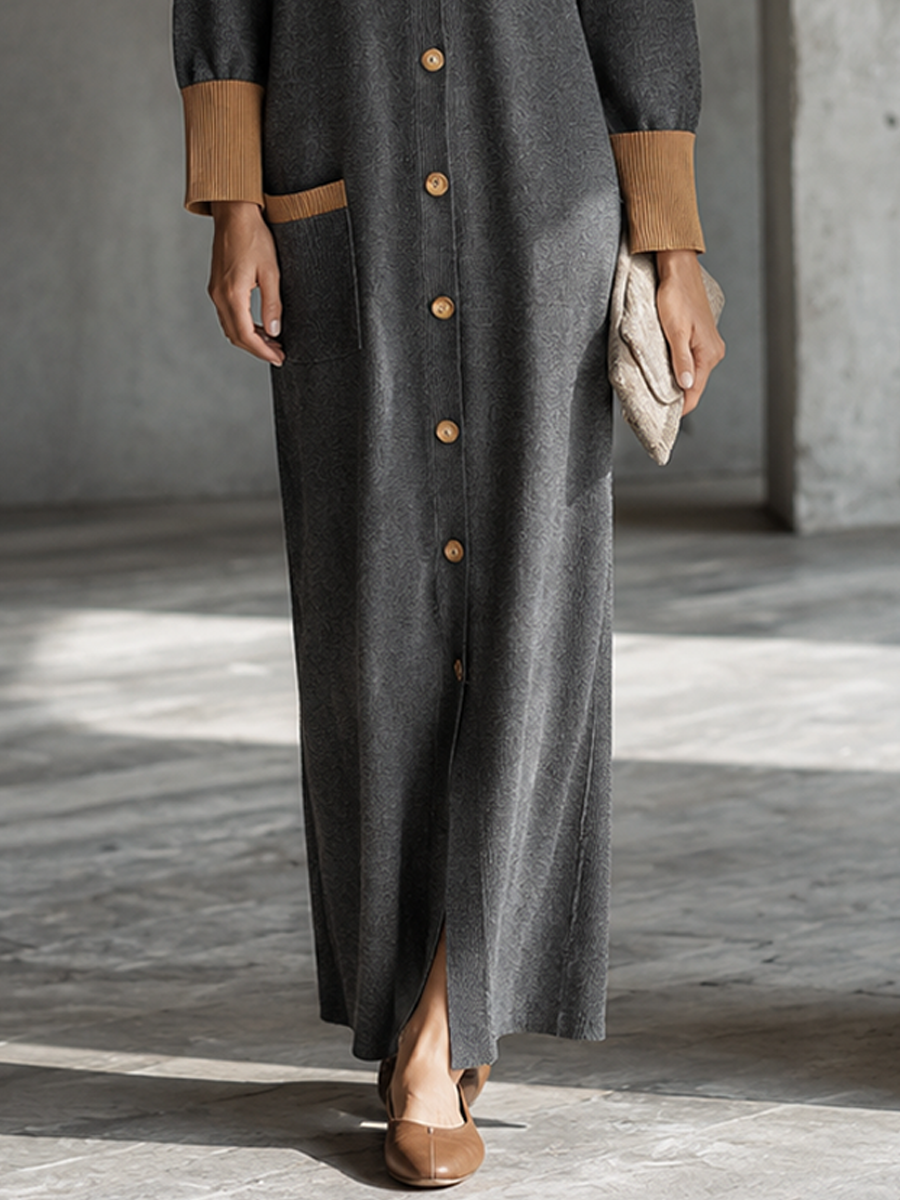 Women's Knit Contrast Collar Button-Front Long Dress MDZ0369H9GMJ