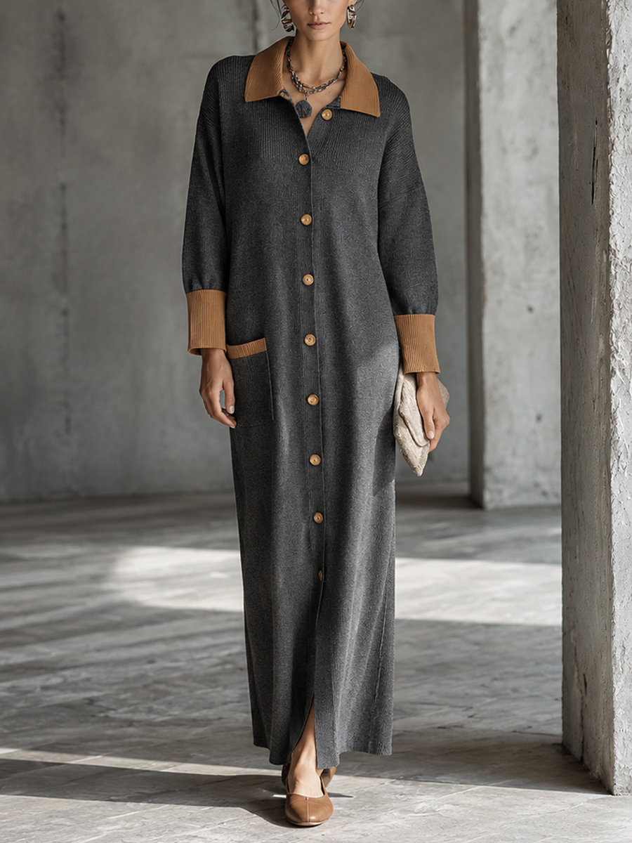 Women's Knit Contrast Collar Button-Front Long Dress MDZ0369H9GMJ