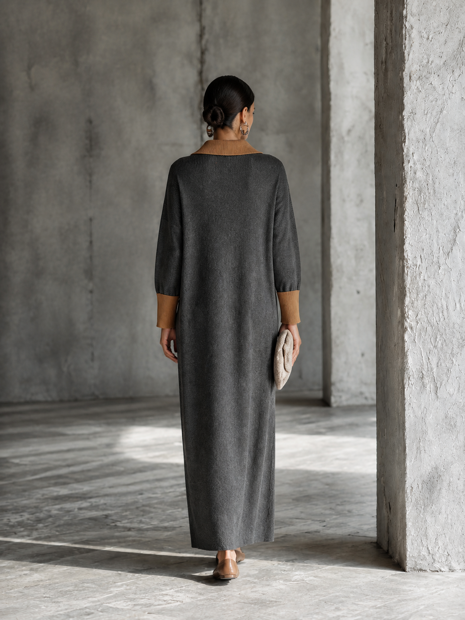 Women's Knit Contrast Collar Button-Front Long Dress MDZ0369H9GMJ
