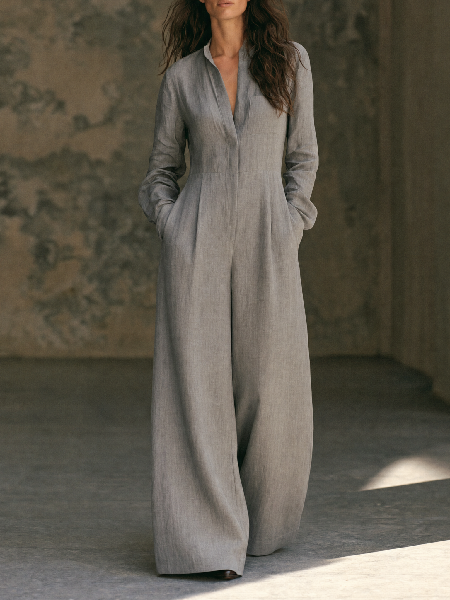 Women's Minimalist Long-Sleeve Wide-Leg Jumpsuit With Invisible Zipper MDZ0407H2WY