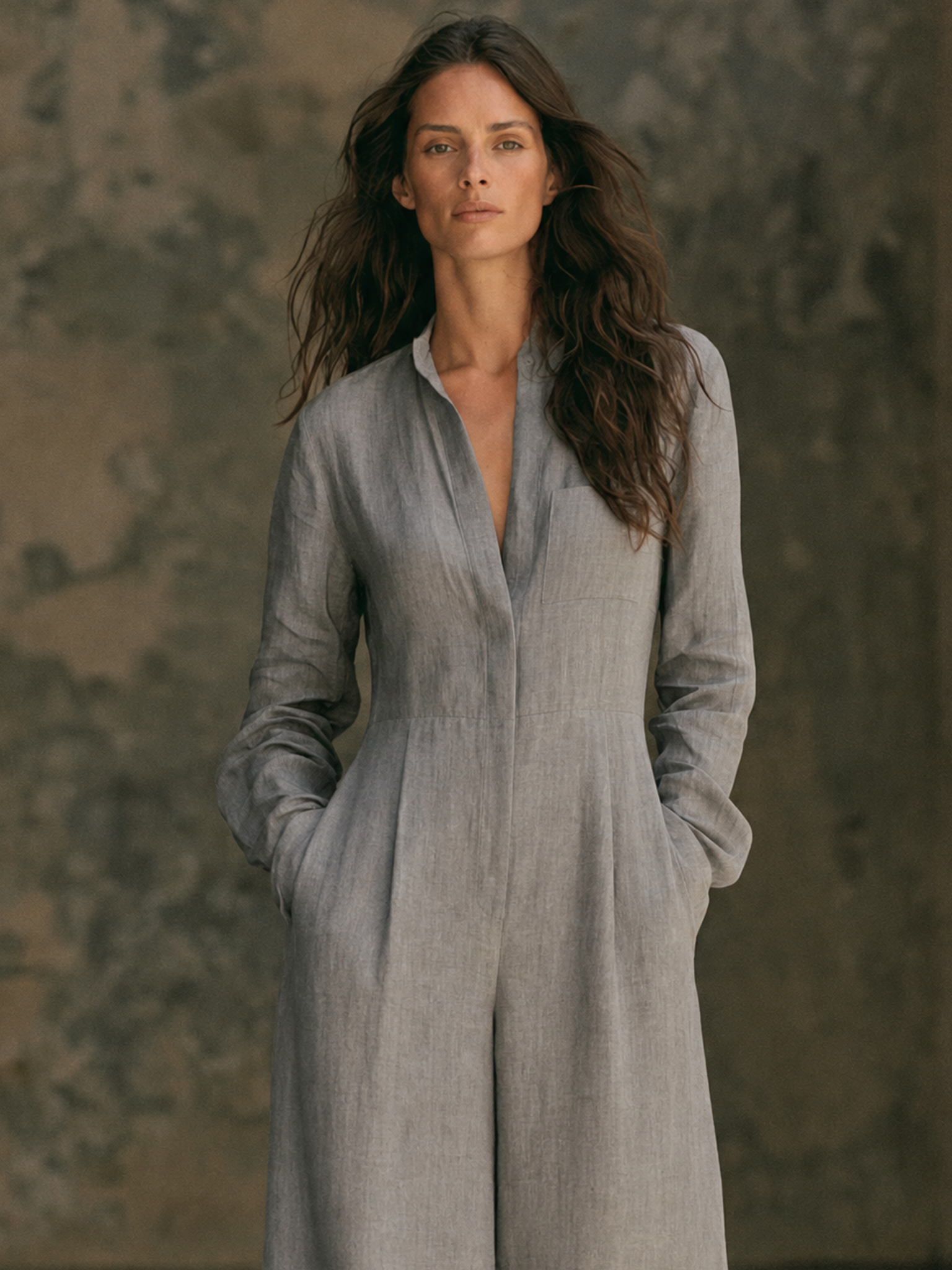 Women's Minimalist Long-Sleeve Wide-Leg Jumpsuit With Invisible Zipper MDZ0407H2WY