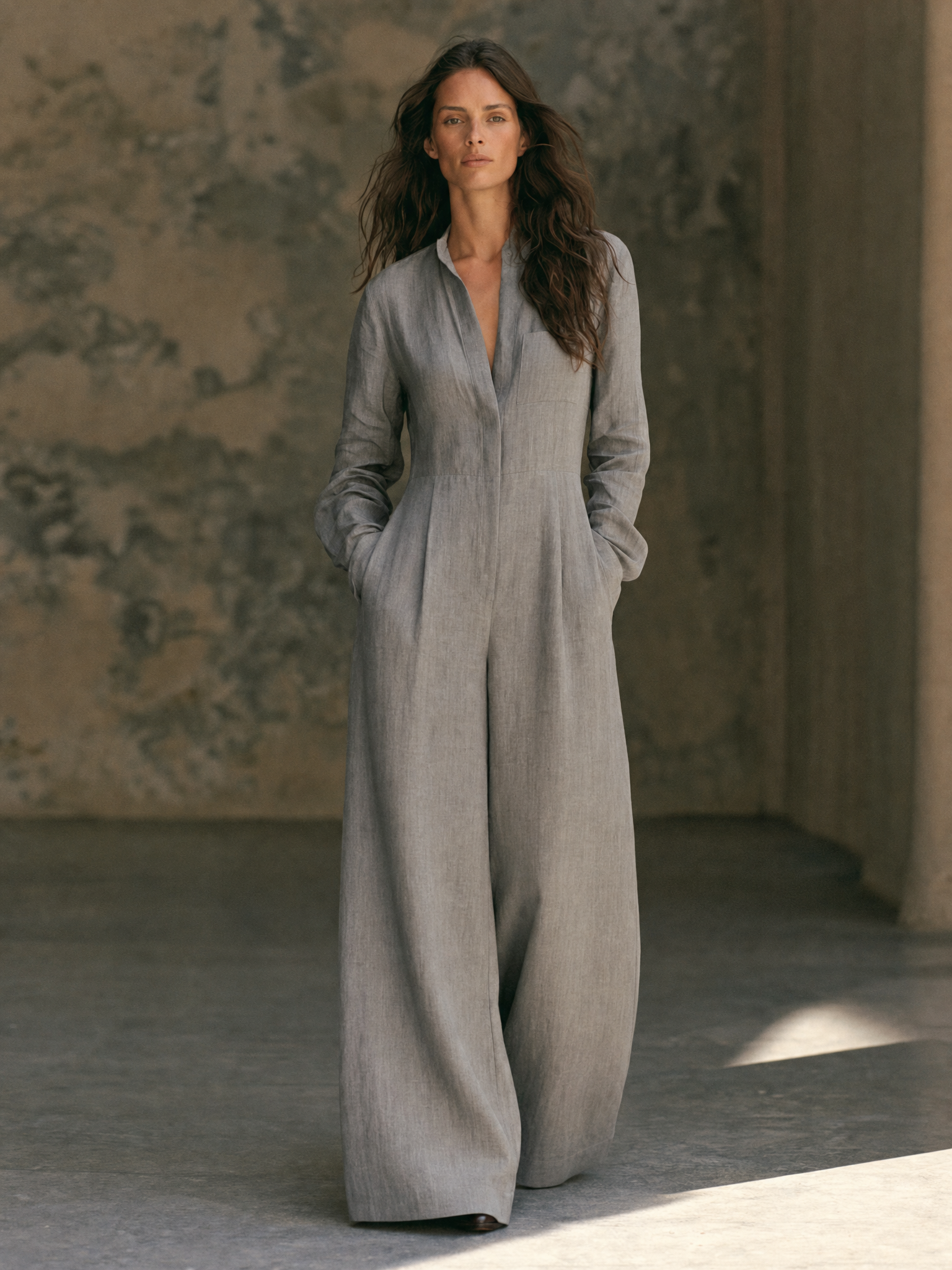 Women's Minimalist Long-Sleeve Wide-Leg Jumpsuit With Invisible Zipper MDZ0407H2WY