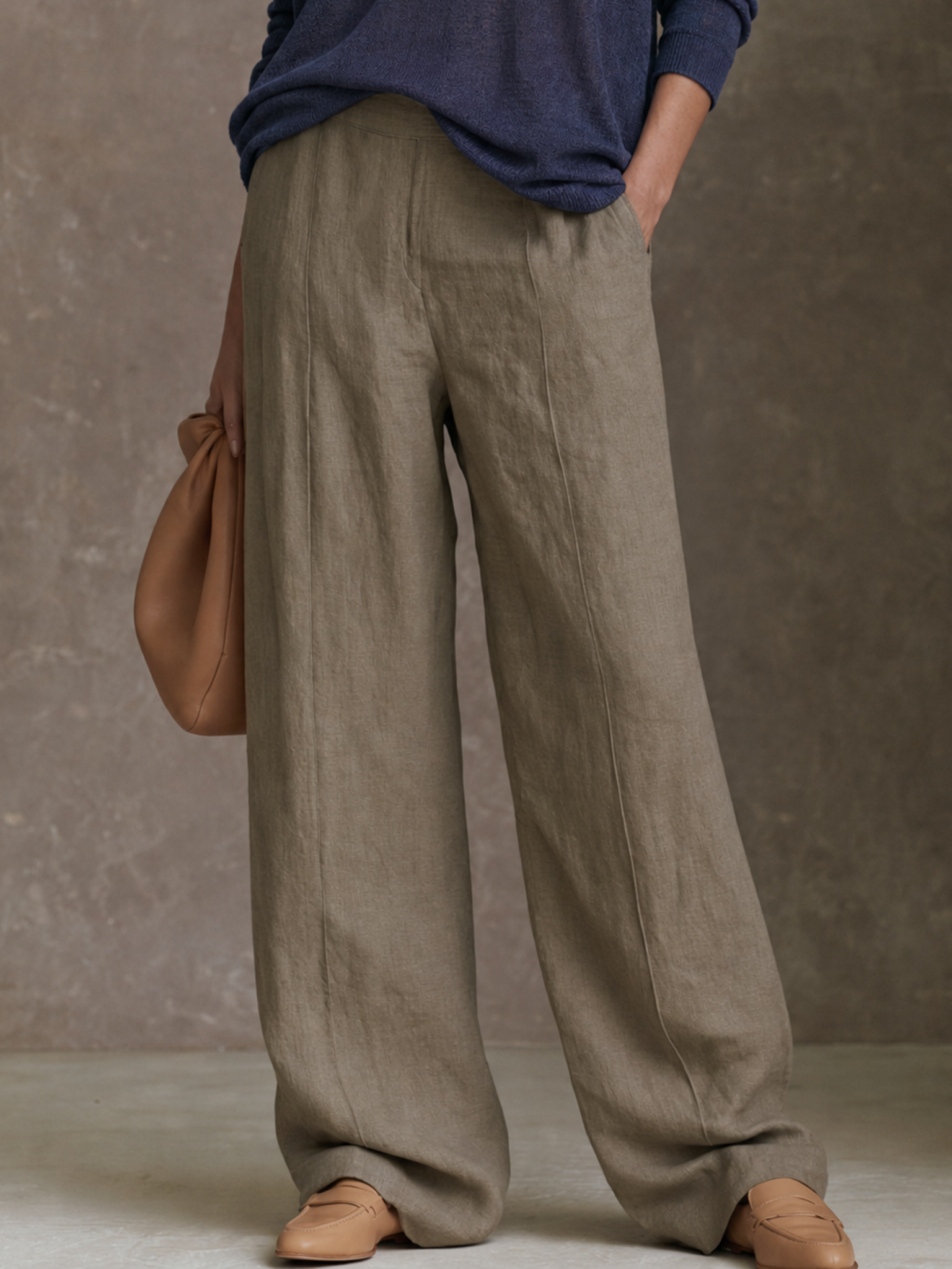 Women's Minimalist V-Neck Knit Top And Wide-Leg Pants Set MDZ0403H8WY