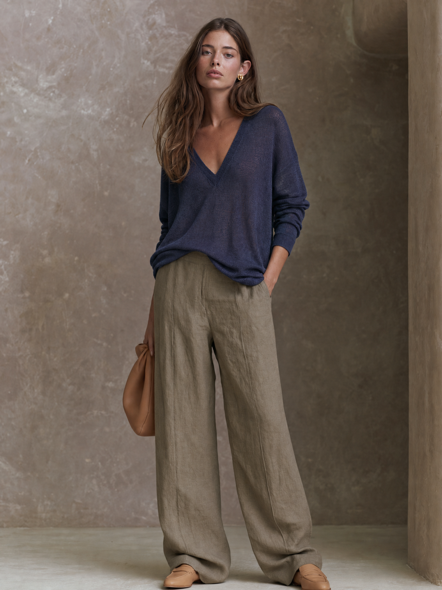 Women's Minimalist V-Neck Knit Top And Wide-Leg Pants Set MDZ0403H8WY
