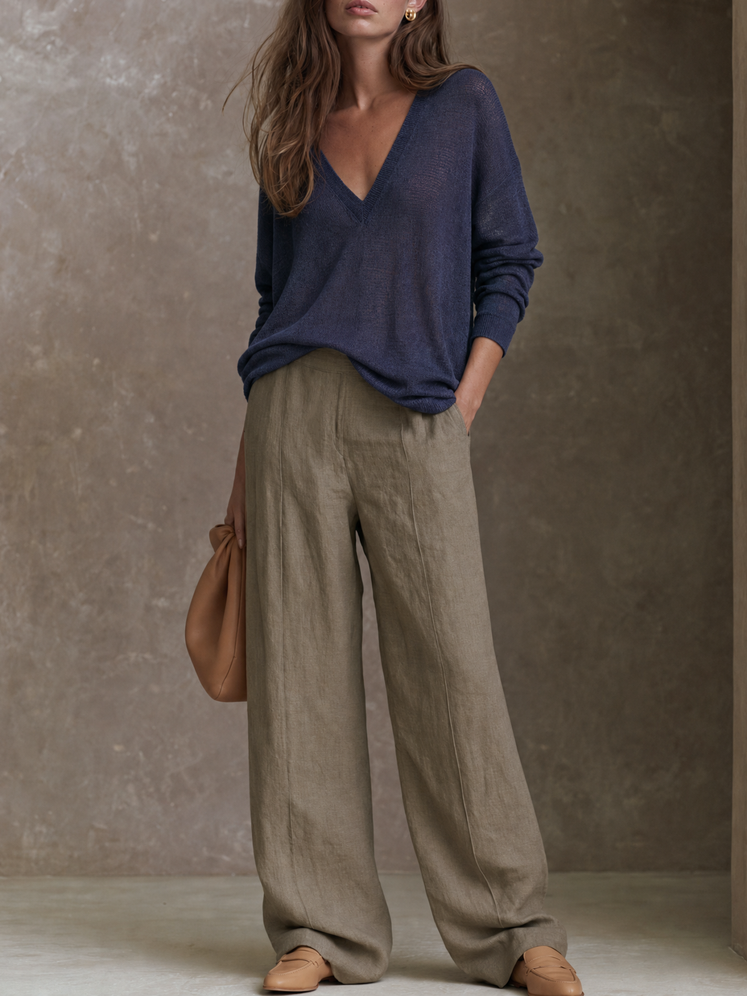 Women's Minimalist V-Neck Knit Top And Wide-Leg Pants Set MDZ0403H8WY